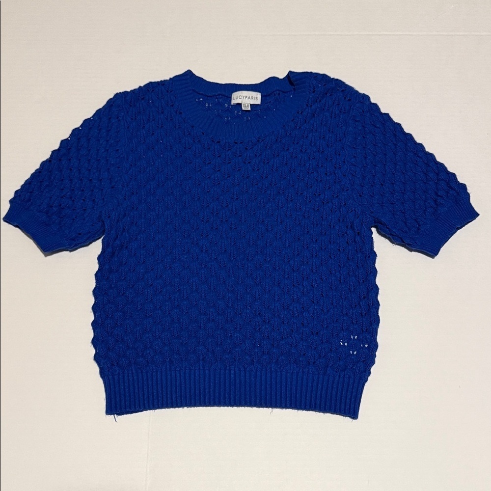 Lucy Paris Royal Blue Pointelle Knit Blouse – Size Medium – Short Sleeve